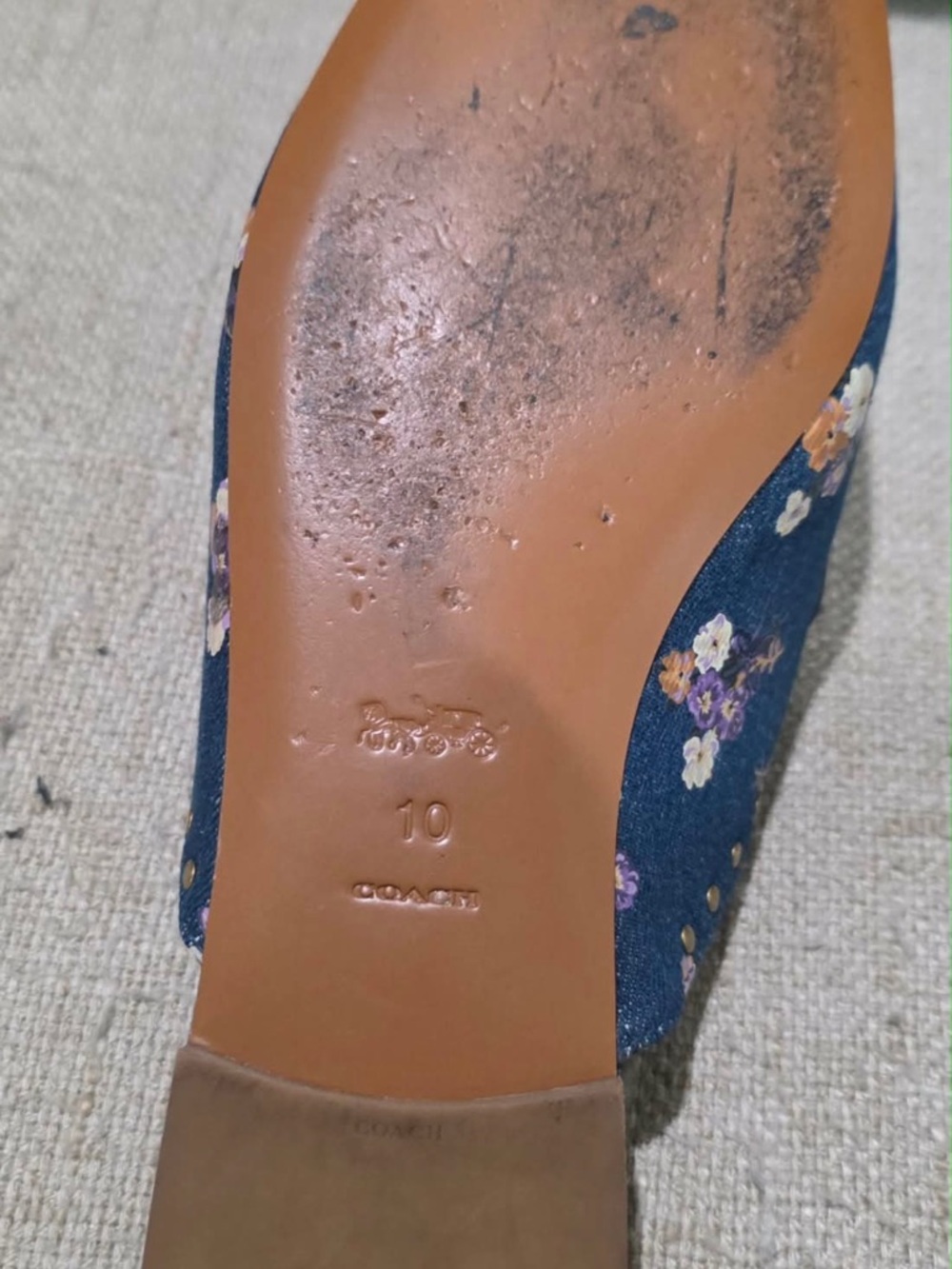Coach Denim Floral Studded Slip-On Mules in Navy and Tan - Picture 3 of 11